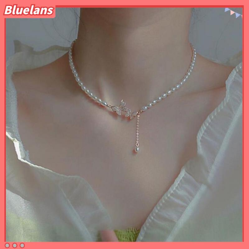 [BLS] Fashion Mutiara Kalung Cahaya Mewah Berlian Minor Kupu-Kupu Pendek Choker Klavikula Rantai