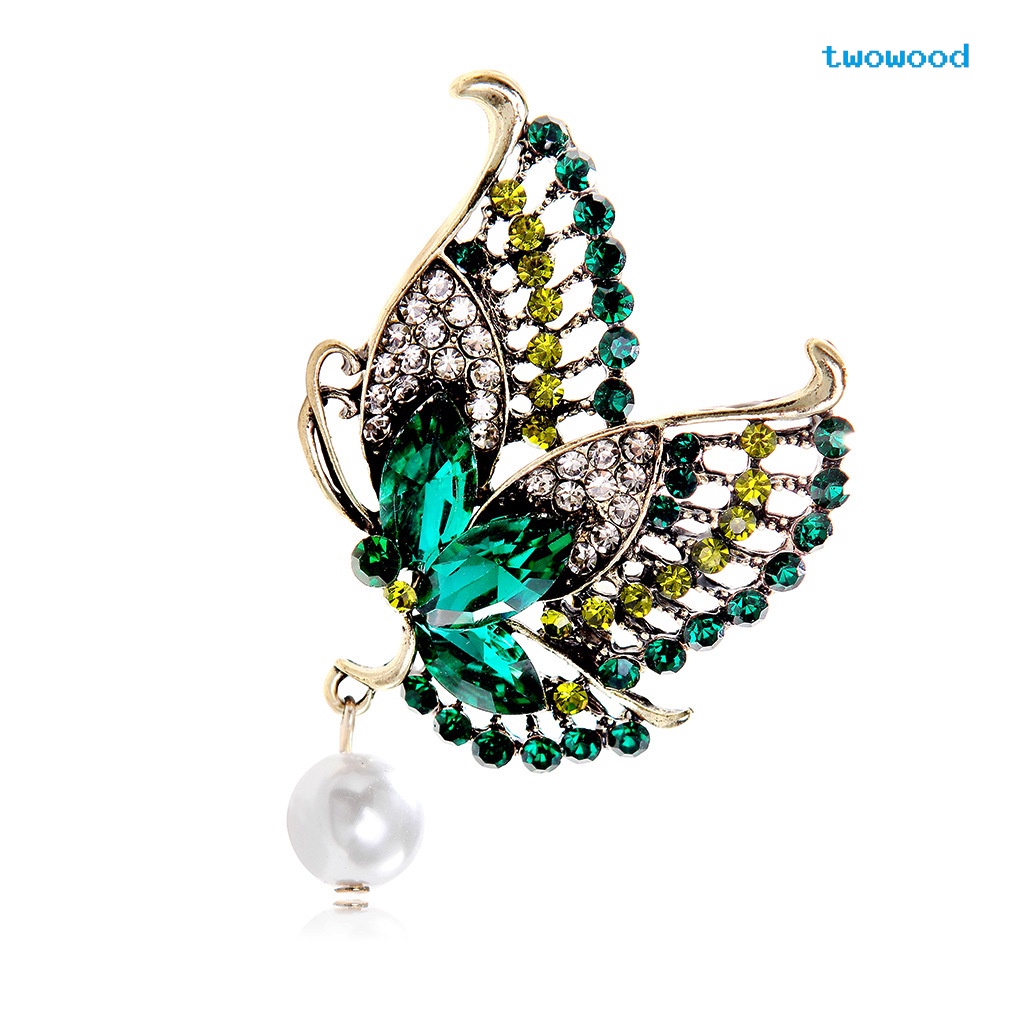 Twowood Butterfly Pearl Brooch Berlian Imitasi Bros Sweater Mutiara Korsase Logam Butterfly Brooch