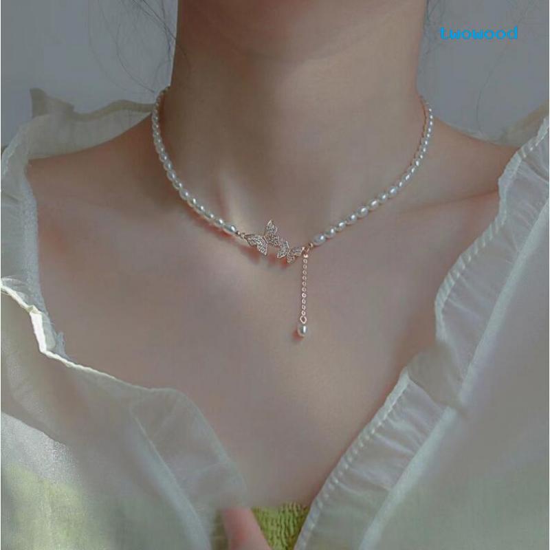 Twowood Fashion Mutiara Kalung Cahaya Mewah Berlian Minor Kupu-Kupu Pendek Choker Klavikula Rantai