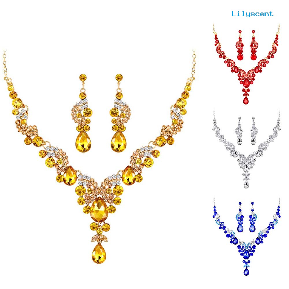 [LS]2Pcs /Set Mewah Penuh Berlian Imitasi Setengah Lingkaran Pesona Bridal Stud Earrings Necklace