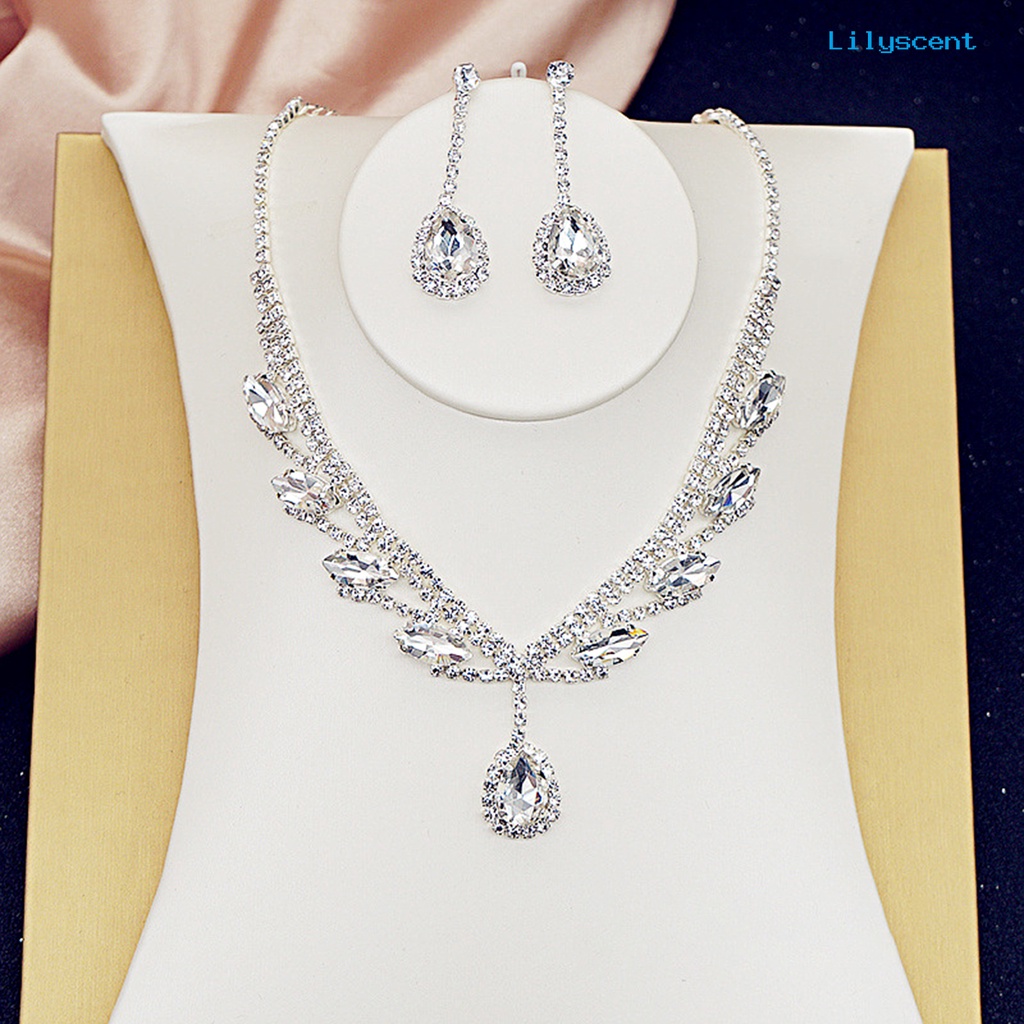 [LS]1 Set Kalung Anting Pengantin Perhiasan Berlian Imitasi Bentuk Tetesan Air Electroplating Sparkling Jewelry Set Untuk Pernikahan