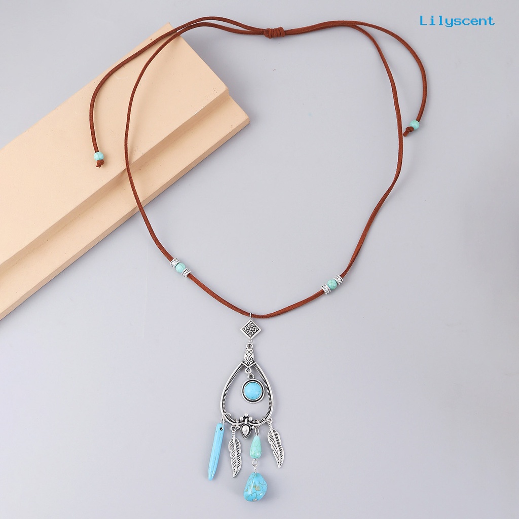 [LS]Turquoise Adjustable Tali Suede Wanita Kalung Gaya Bohemian Liontin Kalung Kait Anting Perhiasan Aksesoris