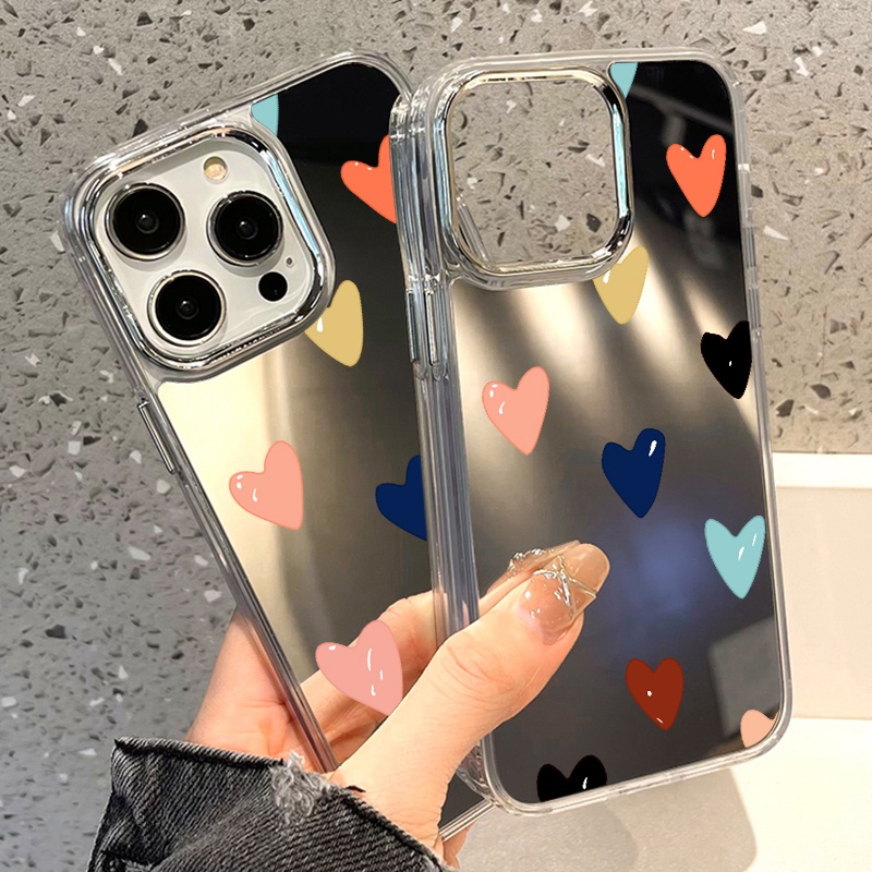 IPHONE Gelembung Casing Ponsel Cermin Hati Kompatibel Untuk Iphone11 12 13 14 12Pro 13Pro 14Pro Pro Max XR X XS Max Electroplating Tombol Perlindungan Mirror Cover