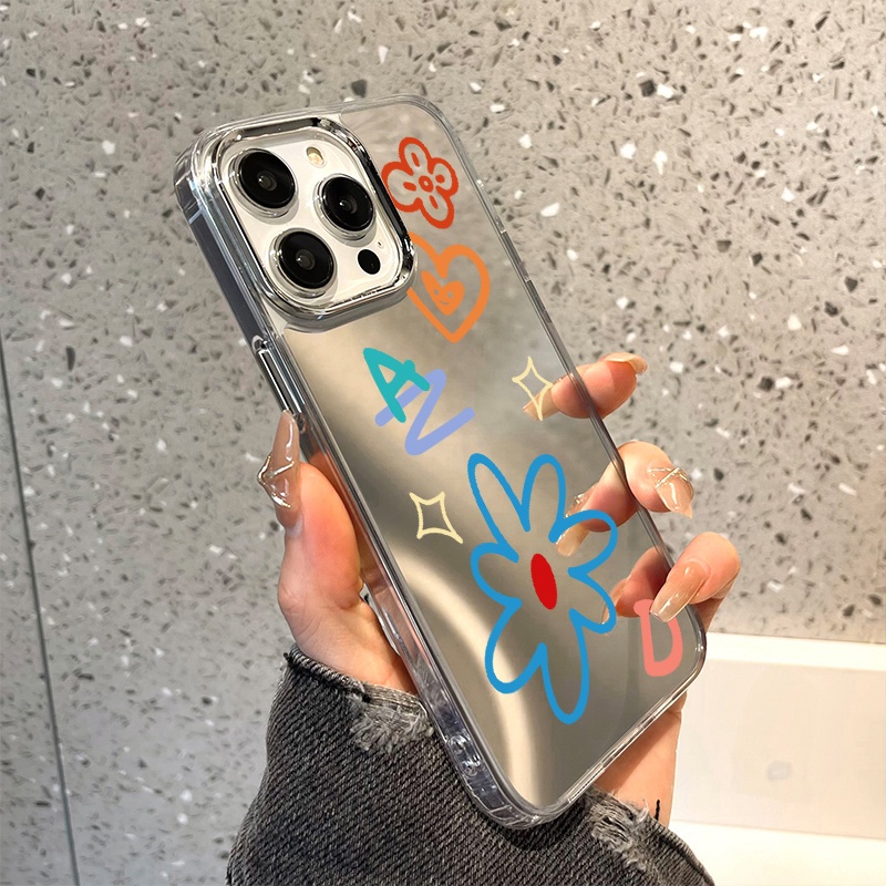 IPHONE Casing Ponsel Cermin Graffiti Kompatibel Untuk Iphone11 12 13 14 12Pro 13Pro 14Pro Pro Max XR X XS Max Electroplating Tombol Perlindungan Mirror Cover