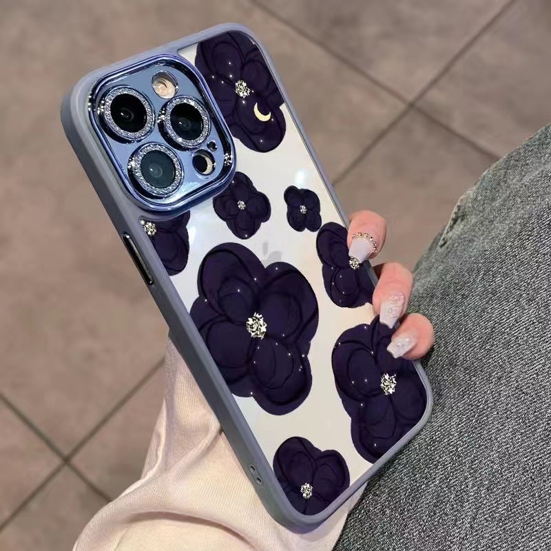 IPHONE Ungu Tua Camellia Telepon Perlindungan Penuh Case Cover Dengan Glitter Pelindung Kaca Lensa Kamera Untuk Iphone11 12 13 14 PLUS PRO MAX