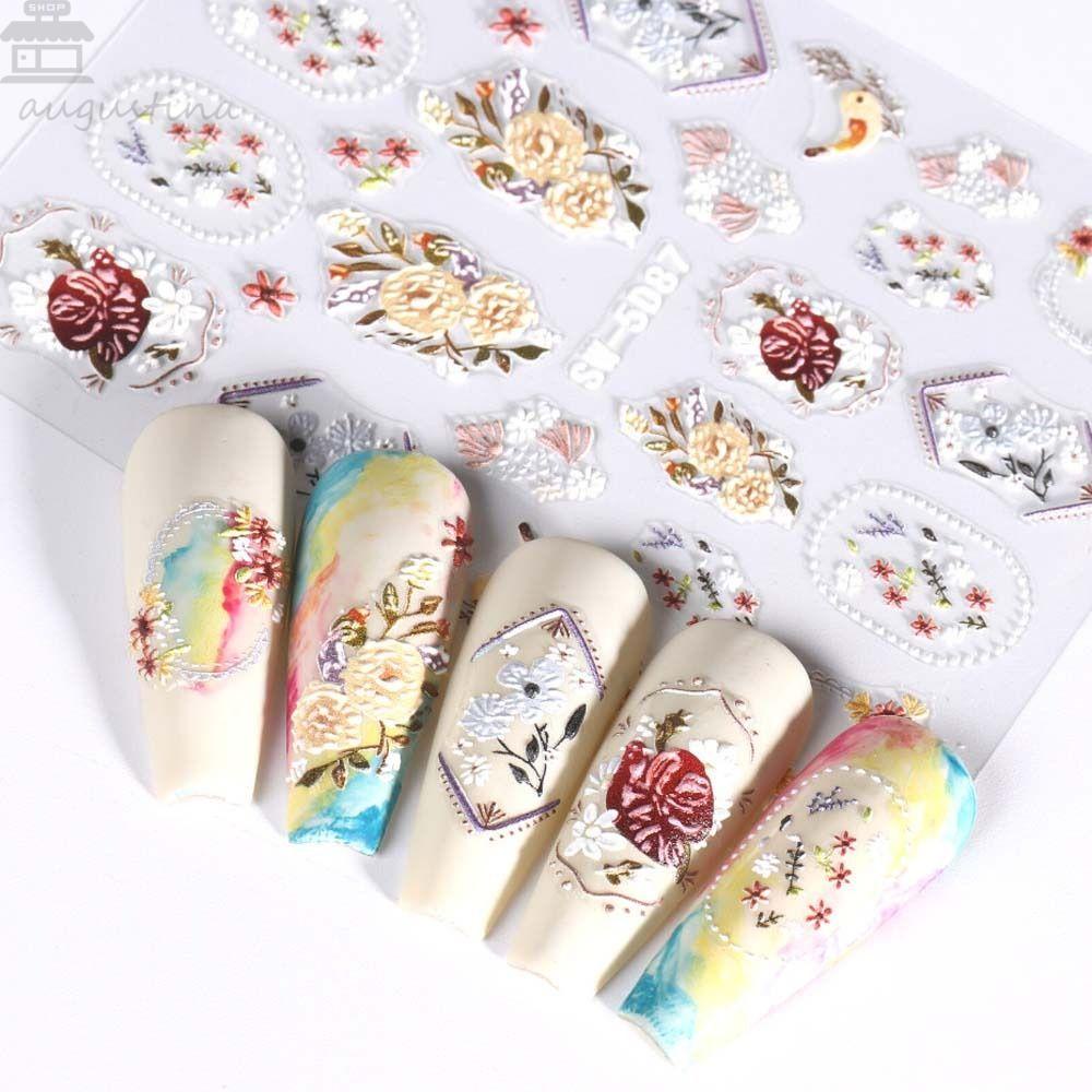 AUGUSTINA Agustina Bohemia Stiker Kuku Wanita Mewah Daun 5D Relief Self Adhesive Nail Dekorasi