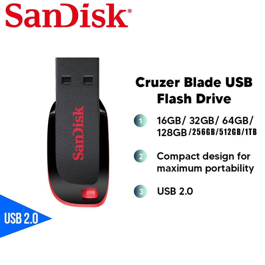 Flashdisk USB SanDisk CZ50 USB 2.0 Pen Drive 16GB/32GB/64GB/128GB/256GB/512GB/1TB USB 2.0 Flashdisk