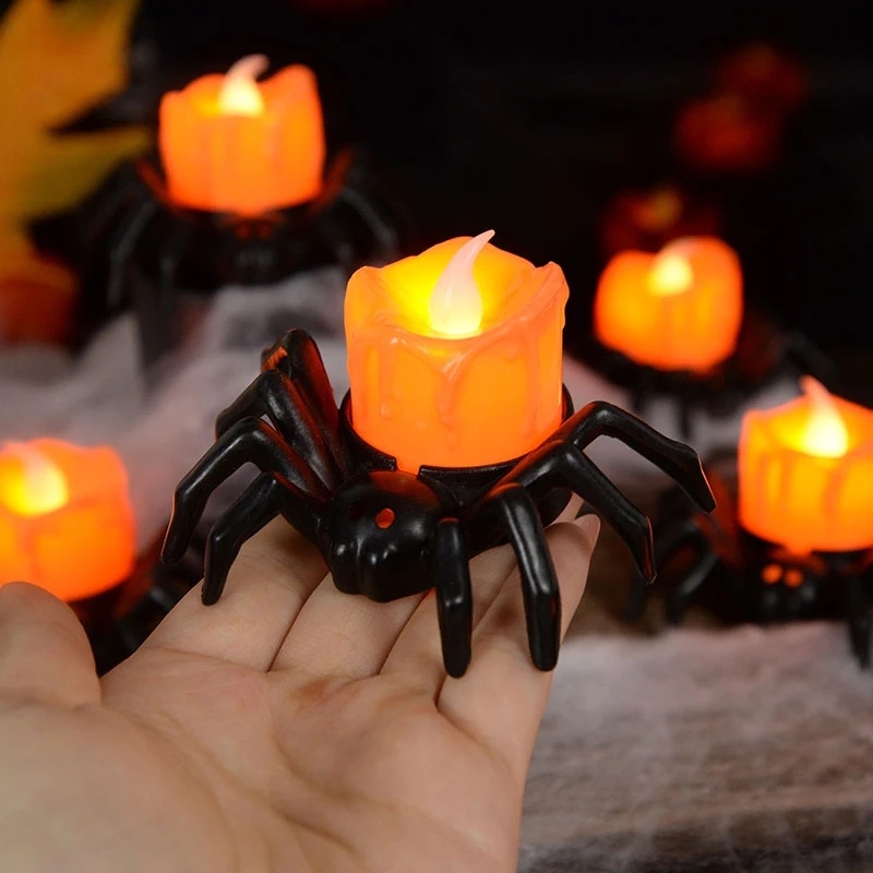 Lampu lilin Spider labu Halloween / lampu lilin hias tanpa api LED / lampu teh elektronik dioperasikan baterai / alat peraga suasana Horror seram / dekorasi pesta Halloween