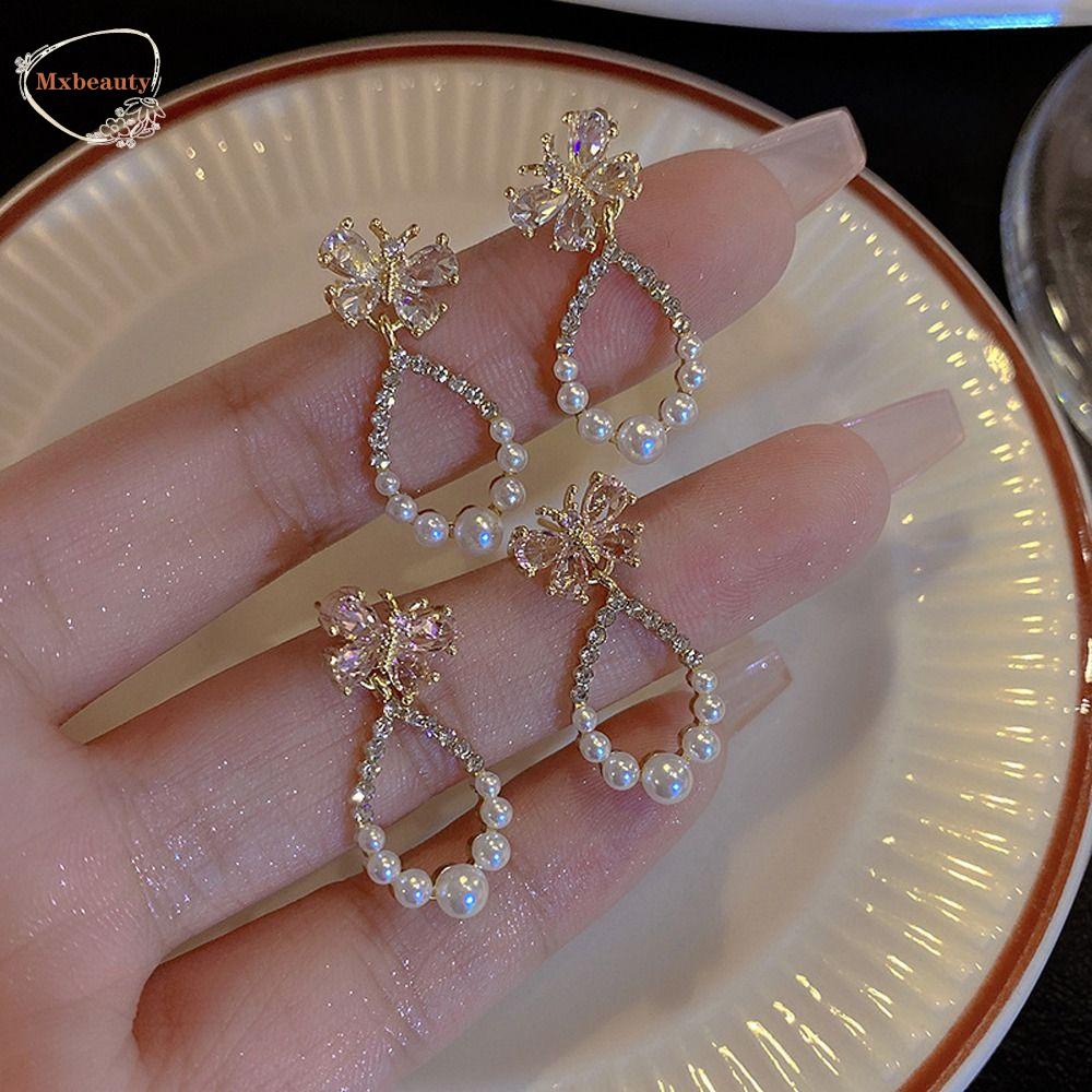MXBEAUTY Wanita Anting Pesona Manis Indah Mutiara Perhiasan Fashion Niche Desain Gadis Hadiah Temperamen Zirkon Gaya Korea Menjuntai Earrings