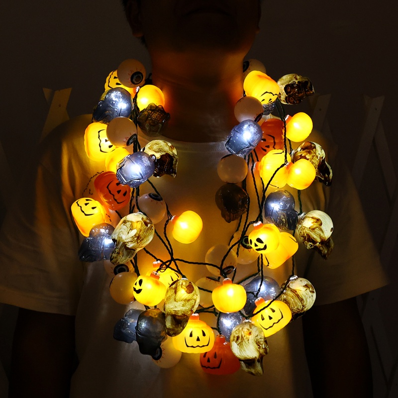 Portable Button Cell Powered Pumpkin Skull Light String/ Lampu Kalung Bola Mata Horror Cosplay Halloween/ Lampu Garland Peri Hias Paskah