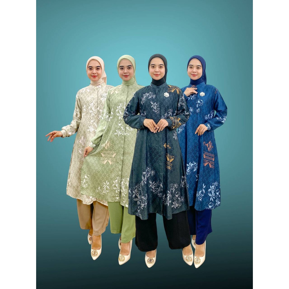 PB Prilly Busana - HAWLA ONESET LONG TUNIK ARMANY SILK MOTIF PREMIUM - STELAN CELANA - ONESET PESTA