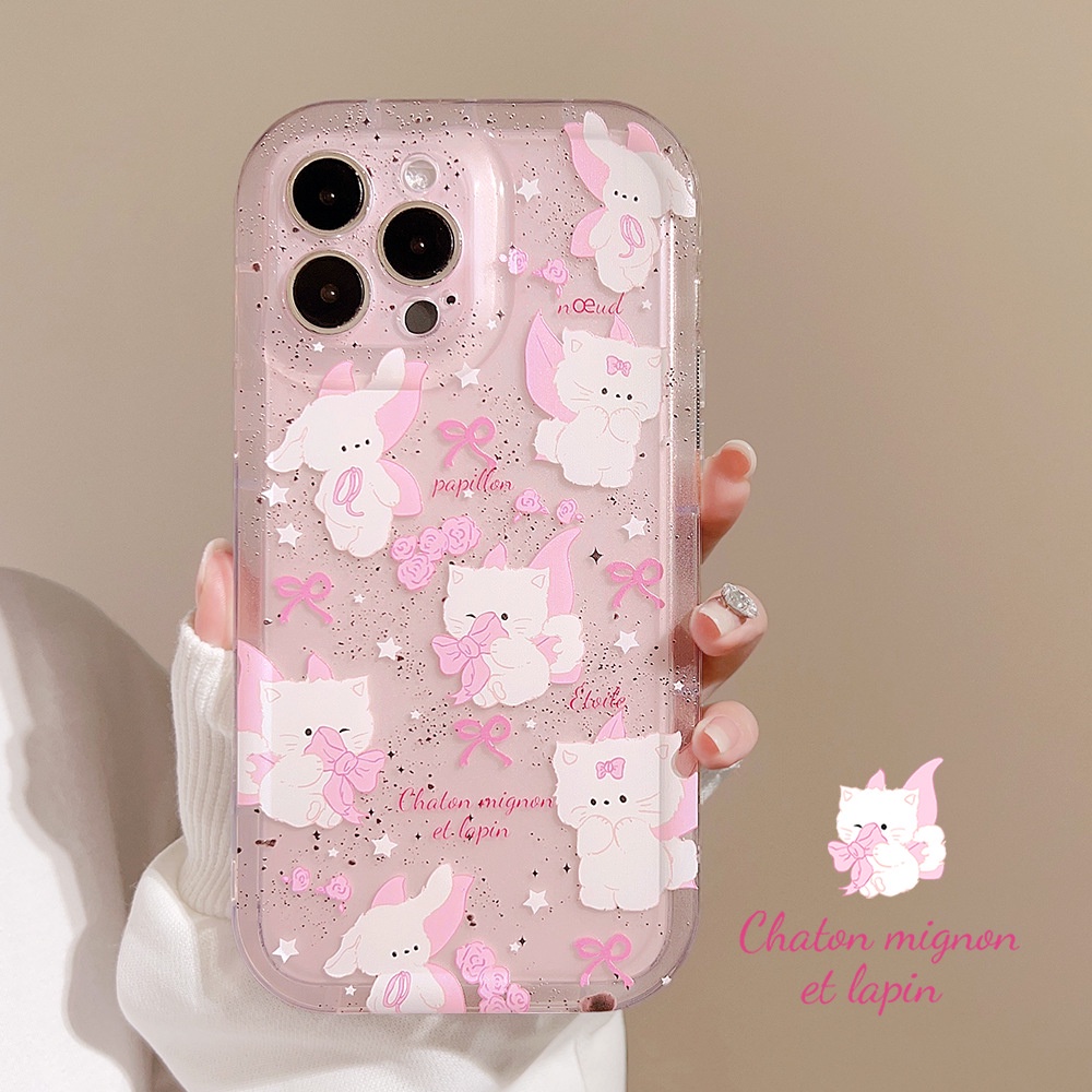 IPHONE Musim Panas Transparan Merah Muda Ponsel Case Kucing Putih Kecil Yang Lucu Penuh Perlindungan Cover Pelindung Untuk Iphone11 12 13 14 PLUS PRO MAX