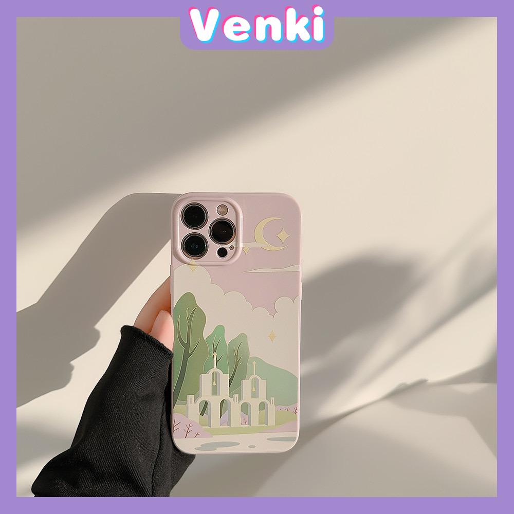 VENKI - Untuk iPhone 11 Case Film TPU Case Cream Glossy Perlindungan Kamera Minimalis Minyak Lukisan Gereja Kompatibel dengan iPhone 14 13 Pro Max iPhone 12 Pro Max XR XS 7Plus 8Plus