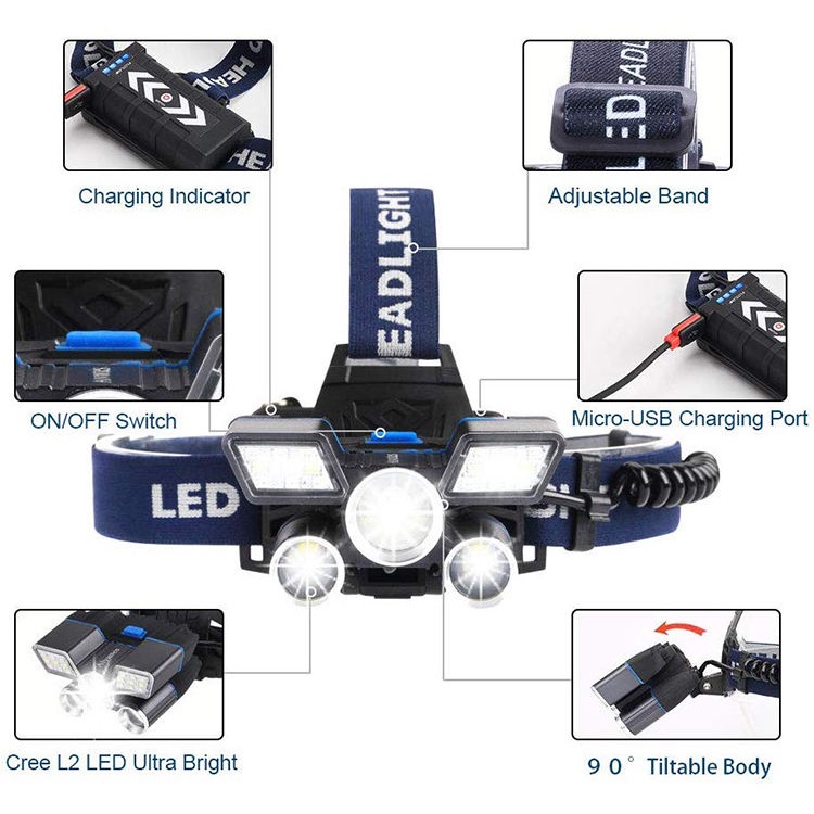 Senter Kepala 5 LED Albinaly Headlamp Cree XM-L2 + 2XPE + Red Blue LED Super Terang Sistem Cas Waterproof