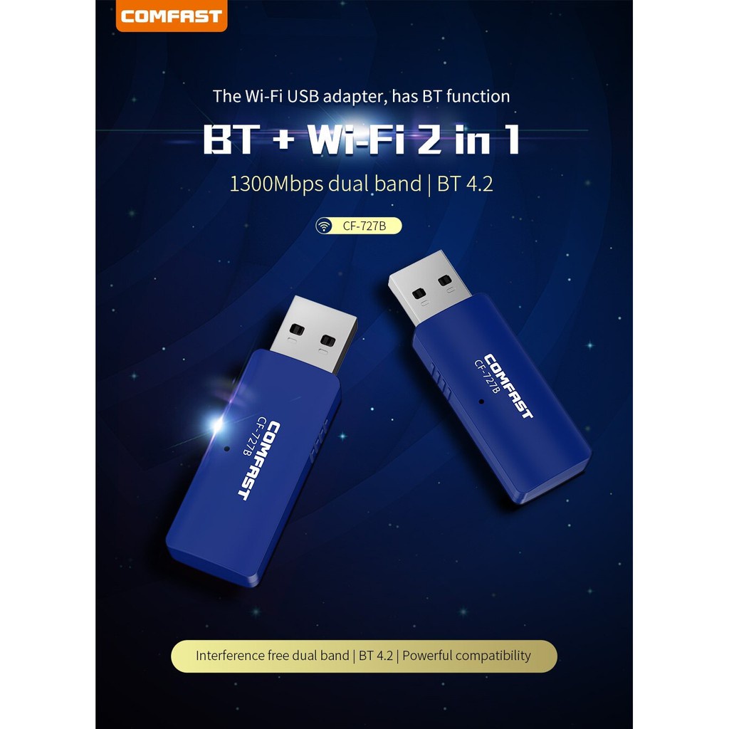 AKN88 - COMFAST CF-727B 1300Mbps Dual Band USB Wireless Adapter Bluetooth 4.2