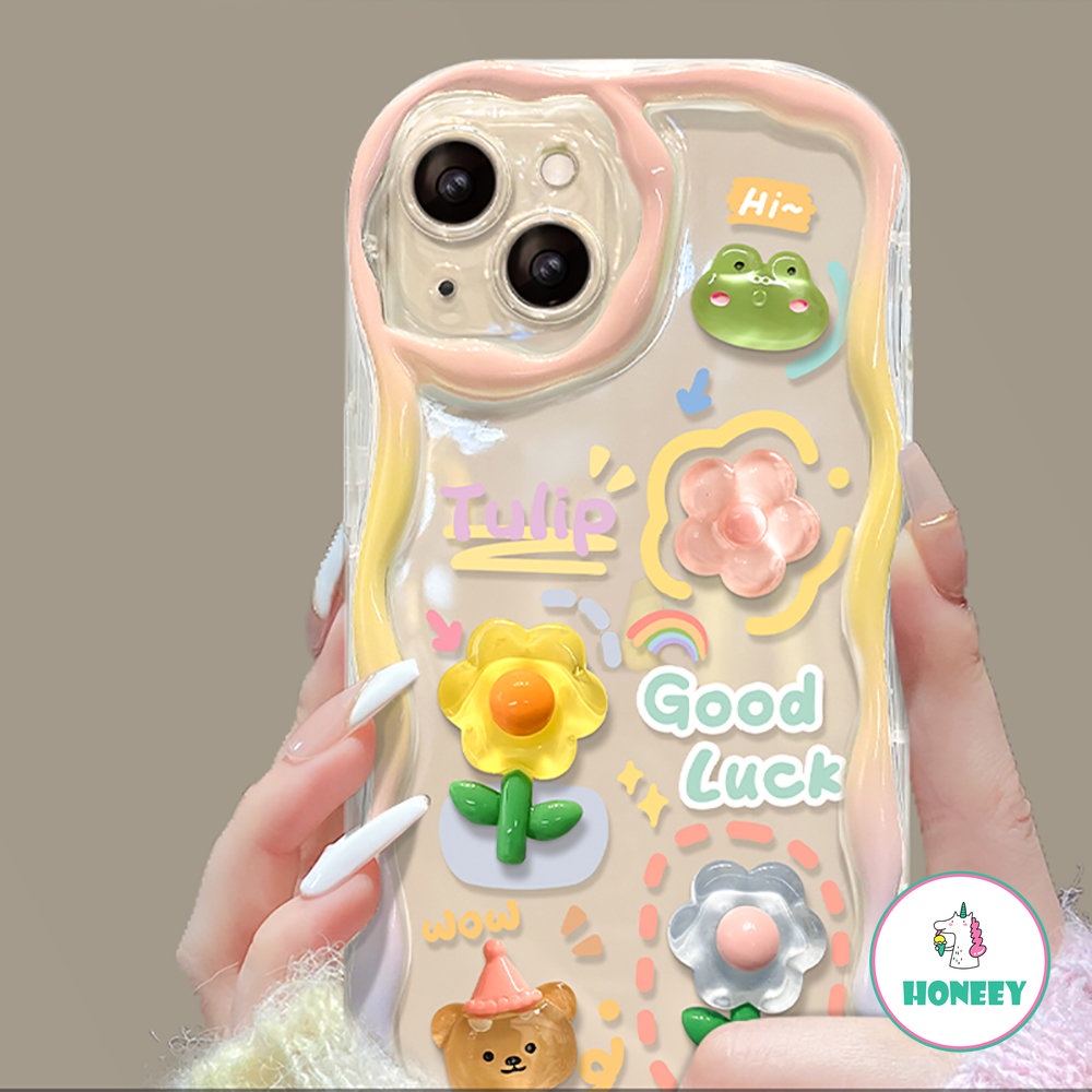 IPHONE Korea 3D Beruang Kelinci Bunga Telepon Rantai Lanyard Bening Soft Case Untuk Iphone11 14 Pro Max12 13 Pro Max Mewah Lucu Penutup Belakang