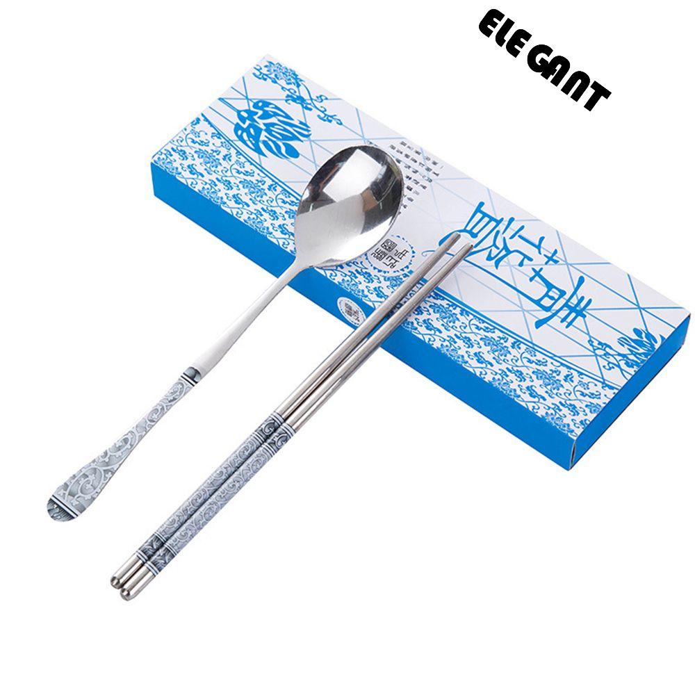 【 ELEGANT 】 Sumpit Stainless Steel Kartun Hadiah Pola Ukiran Pribadi Laser Set Alat Makan Korea