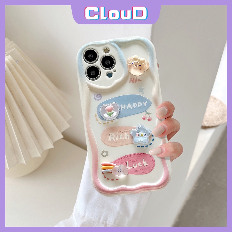 Untuk Realme C21Y C15 C20 C25Y C55 C30 C31 C25 C12 7i 5i 5c25s C21 C17 C3 C20A C53 C33 9i 6i 5s C35 C11 Beruang Lucu 3D Tepi Melengkung Bergelombang Kartun Kelinci Bintang Rainbow DIY Boneka Case