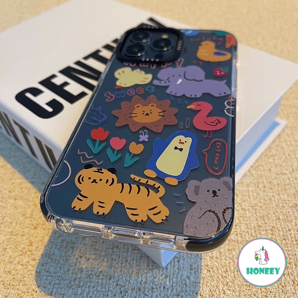 Kartun Lucu Graffiti Animals Phone Case Kompatibel Untuk iPhone 14 Pro 13 11 12 Pro Max Transparan Shockproof Pelindung Cover