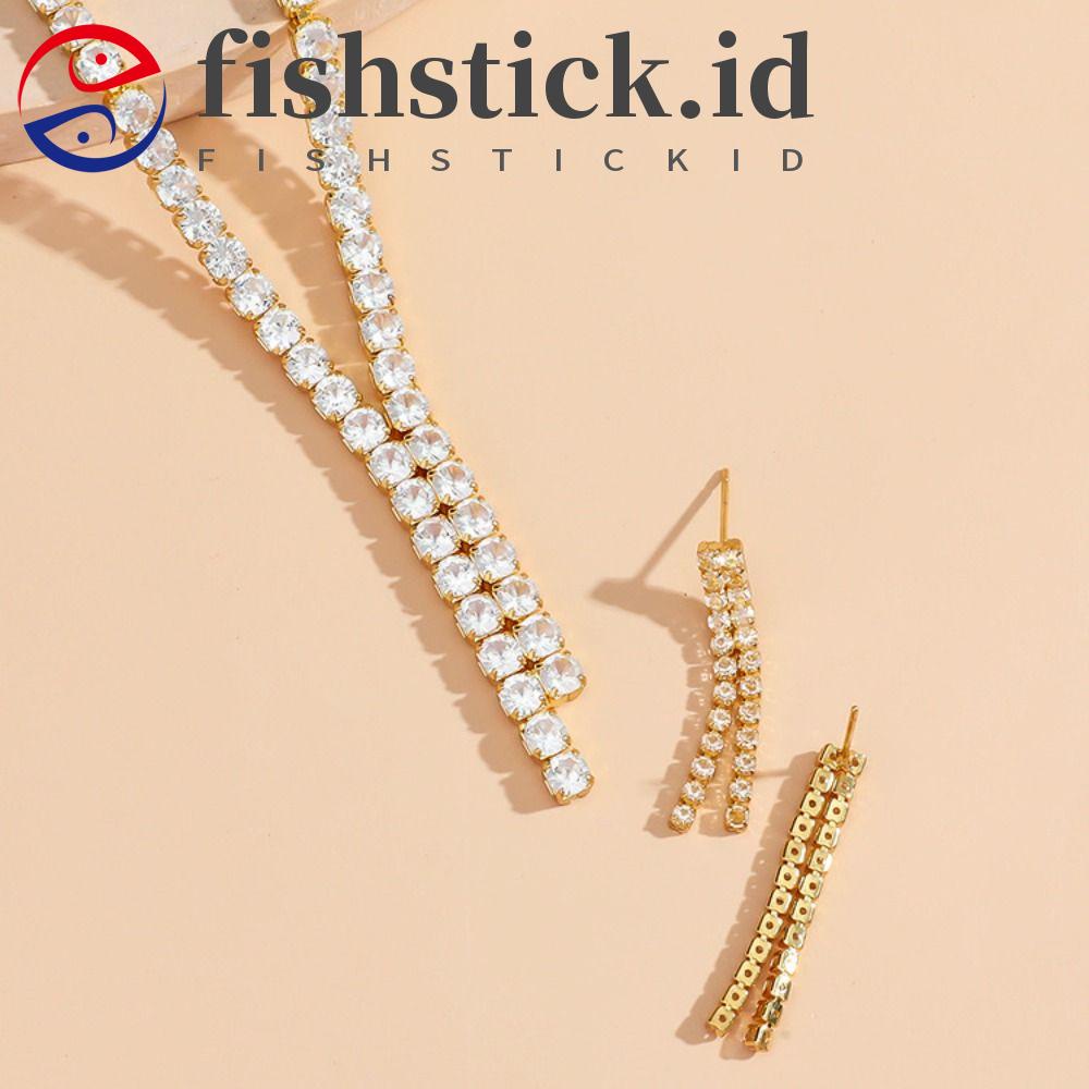 Fishstick Kristal Set Perhiasan Hadiah Pesta Elegan Rumbai Zirkon Mengkilap Sederhana Wanita Kalung