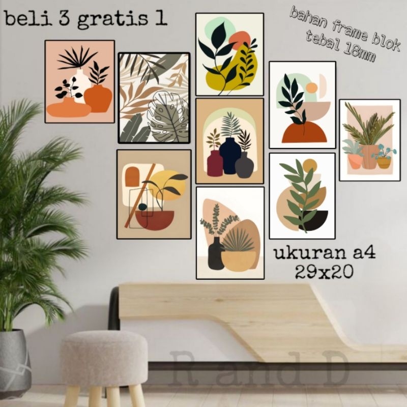 Dekorasi dinding rumah gambar kaktus ukuran 29x20, hiasan dinding aestetic, poster abstrak bingkai k