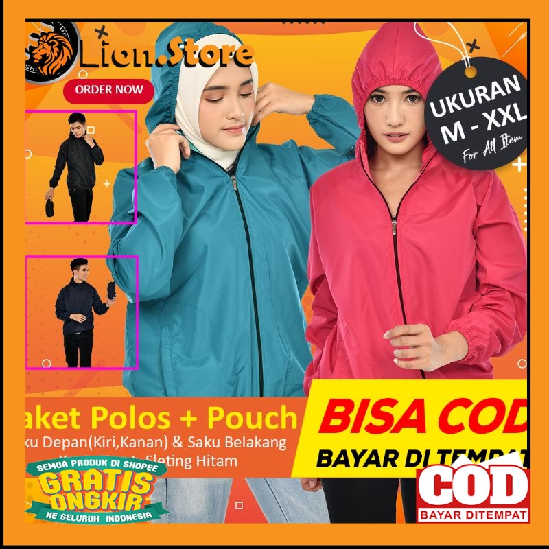 PARASUT JAKET OUTFIT KEREN TRENDY /Jaket Parasut Olahraga Polos + Pouch Saku Belakang Sleting Hitam 