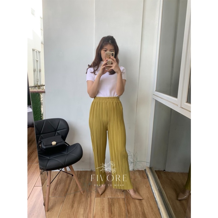 NEW TREND STYLE (1/2) Celana Pensil Plisket BB / Pleats Pants Wanita Jumbo Premium 015 - Lemon