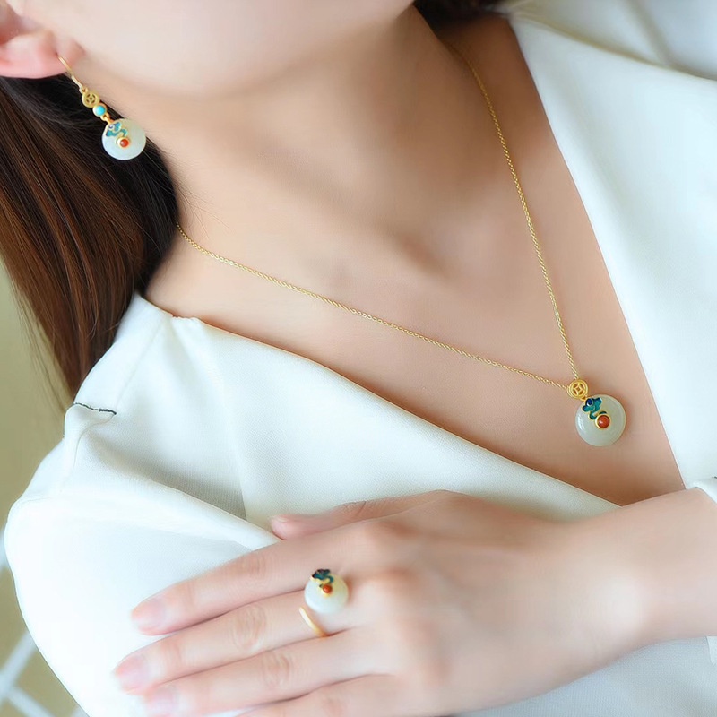 Goldkingdom Aksesoris Perhiasan Fashion Ready Stock Warisan Metode Kuno Enamel Warna Bertatahkan Awan Yang Menguntungkan Dan Tian Giok Safety Clasp Earrings/Liontin/Cincin Setelan Retro