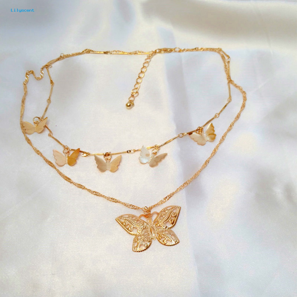 Lilyscent Wanita 2-Layer Butterfly Pendant Choker Rantai Klavikula Kalung Perhiasan Hadiah