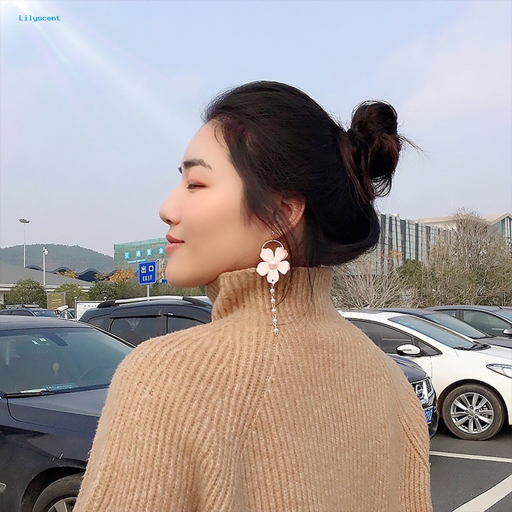 Lilyscent Fashion Wanita Sifon Bunga Mutiara Imitasi Lingkaran Panjang Menjuntai Stud Earrings Perhiasan