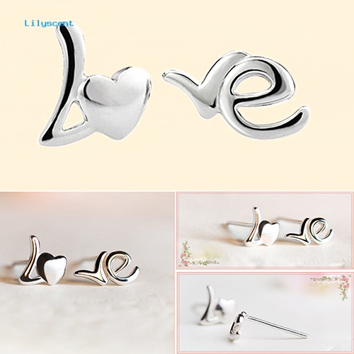 Lilyscent Wanita Fashion Perak Disepuh Hati Cinta Surat Asimetri Telinga Studs Earrings