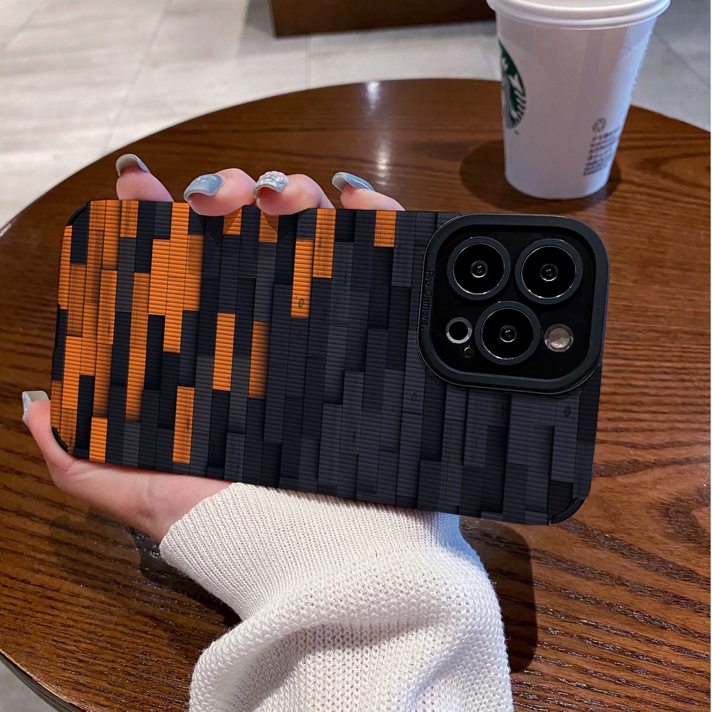 [Kulit Domba] 3D Hitam Orange Kisi Persegi Soft CASE Untuk IPhone 6S 7plus8 Plus X XS XR XS Max 11 13 12 14 PRO Max 14 Plus 12 13 Kamera Mini Melindungi Ponsel CASE Pria