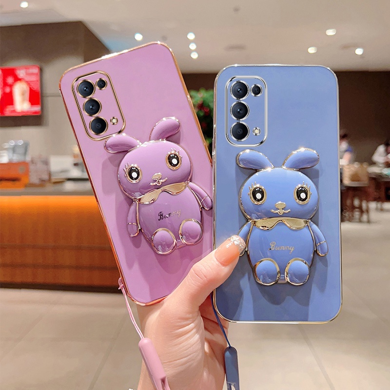 Andyh Case Handphone Untuk OPPO Reno 5 Pro Reno 6 Pro 5G Reno 6Z Kartun Lucu Kelinci Kecil Tepi Lurus Soft Shell Mengirim lanyard Silikon