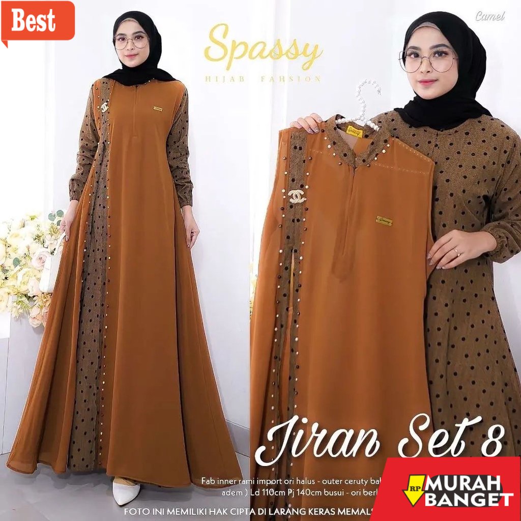 Tren baju lebaran wanita 2023- Gamis Terbaru Jiran Set 8 2in1 Gamis + Outher Bahan Rami IMPORT mix C