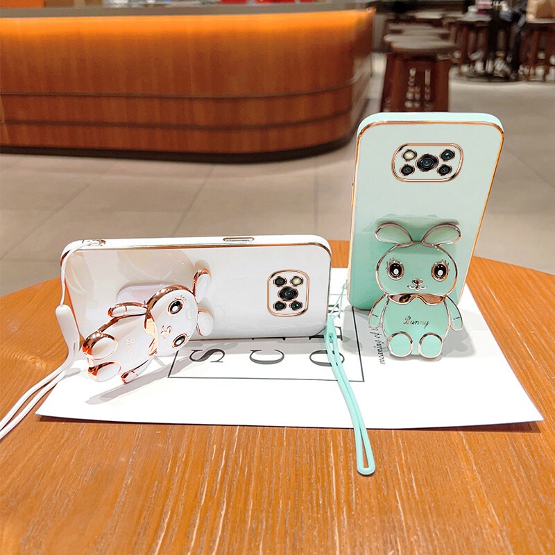 Andyh Case Handphone Untuk Xiaomi POCO X3 NFC X3 Pro Kartun Lucu Kelinci Kecil Tepi Lurus Soft Shell Mengirim lanyard Silikon