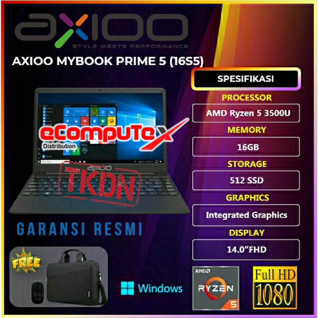 LAPTOP AXIOO MYBOOK PRIME 5 (16S5) RYZEN 5 3500U 16GB 512SSD W10PRO 14.0FHD TKDN GARANSI RESMI