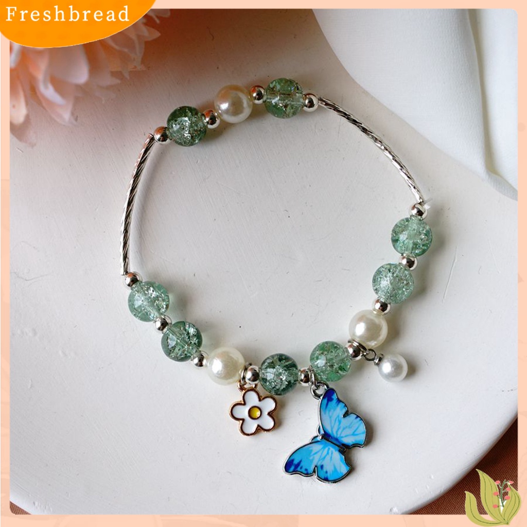 < Freshbread > Wanita Gelang Retro Temperamen Hias Manik-Manik Elastis Perhiasan Hadiah Electroplating Indah Kupu-Kupu Pesona Mutiara Imitasi/Bola Kristal Wanita Bangle
