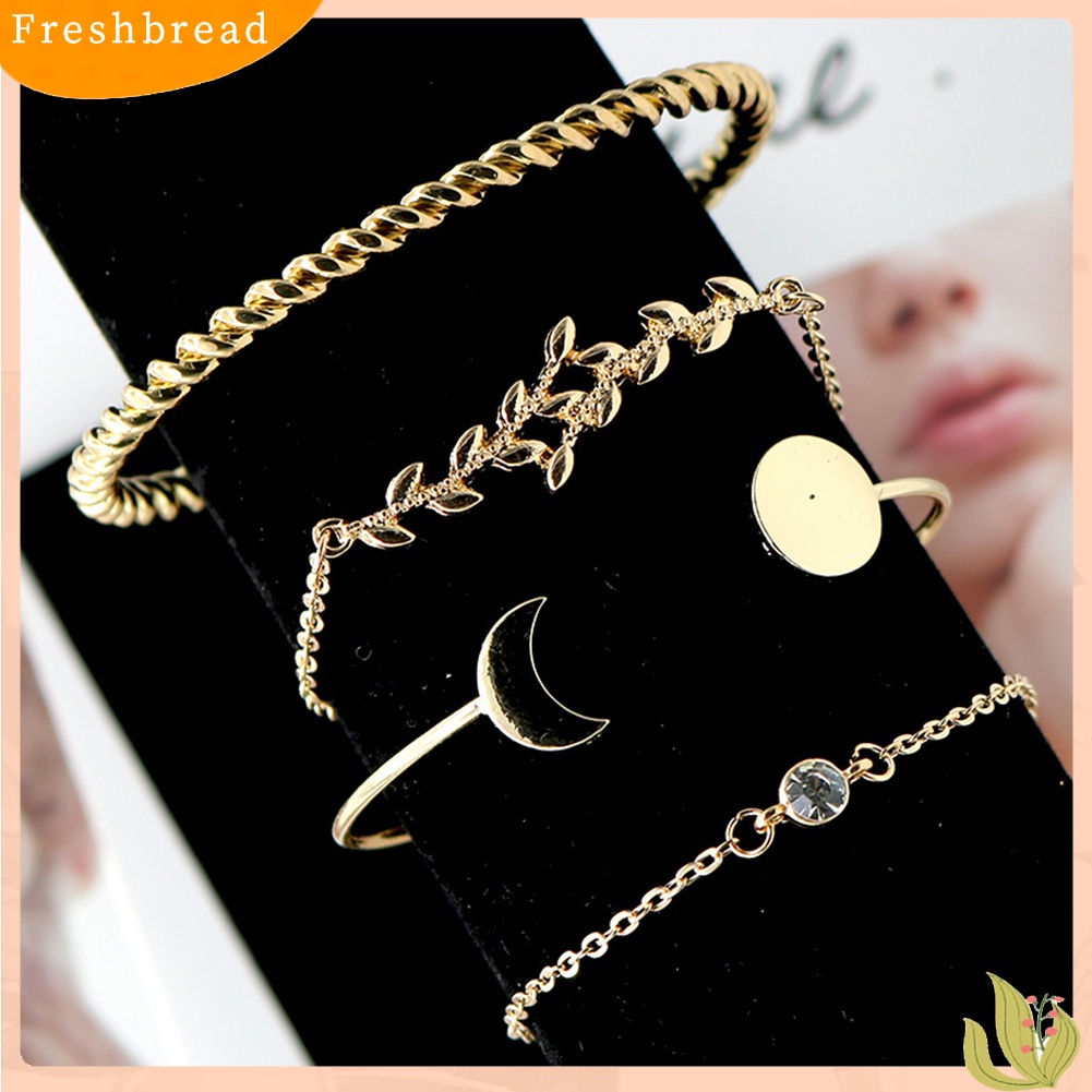 &lt; Freshbread &gt; 4Pcs/Set Wanita Fashion Bulan Memutar Terbuka Bangle Daun Berlian Imitasi Bertatahkan Gelang