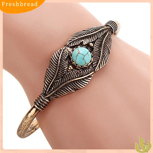 &lt; Freshbread &gt; Retro Wanita Manik Daun Bulu Alloy Ujung Terbuka Manset Bangle Boho Perhiasan Etnik