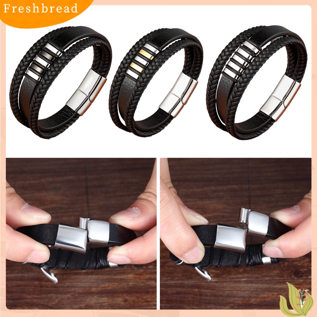 &lt; Freshbread &gt; Pria Gelang Tenun Tangan Multi Layer Tahan Aus Hias Gesper Menghias Pasangan 3lapis Gaya Punk Kulit Imitasi Gelang Pria Perhiasan