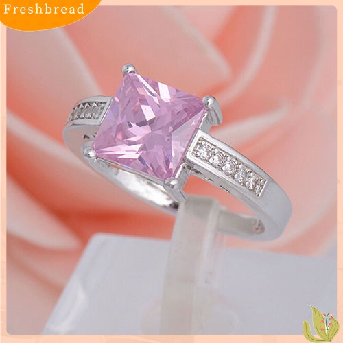 &lt; Freshbread &gt; Cincin Wanita Perak Lapis Pink Kotak Cubic Zirconia CZ Shiny Finger Ring Us7 8 9