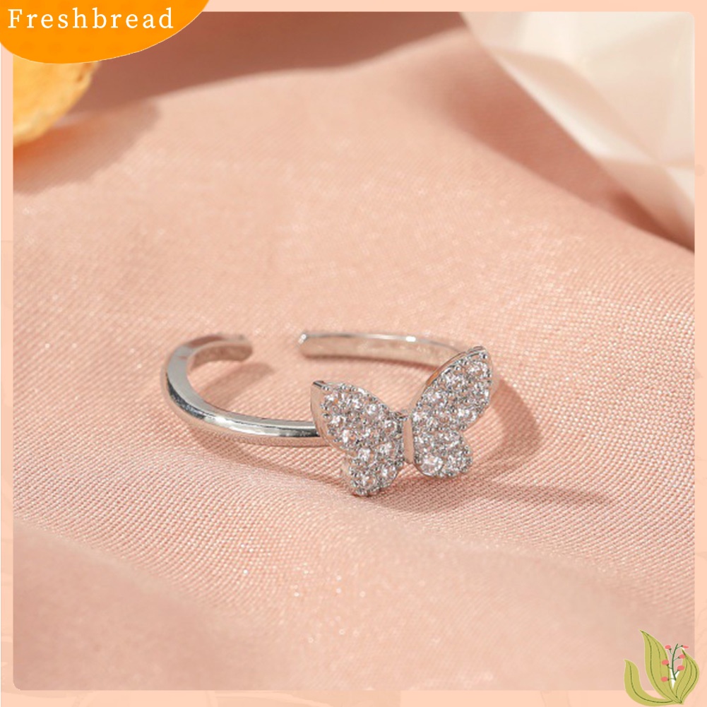 &lt; Freshbread &gt; Bergaya Wanita Bentuk Kupu-Kupu Desain Pembukaan Berlian Imitasi Adjustable Ring Jewelry