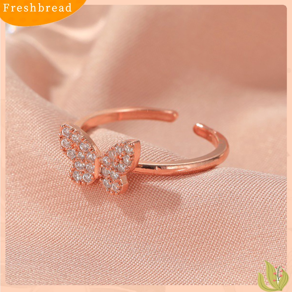 &lt; Freshbread &gt; Bergaya Wanita Bentuk Kupu-Kupu Desain Pembukaan Berlian Imitasi Adjustable Ring Jewelry