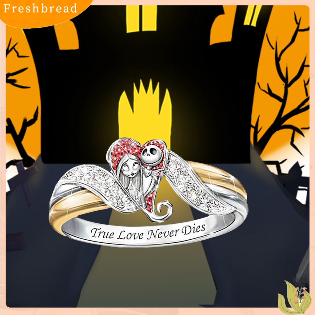 &lt; Freshbread &gt; Ganda Warna Bentuk Hati Wanita Cincin Paduan Pola Hantu Huruf Cetak Berlian Imitasi Halloween Cincin Perhiasan Aksesori