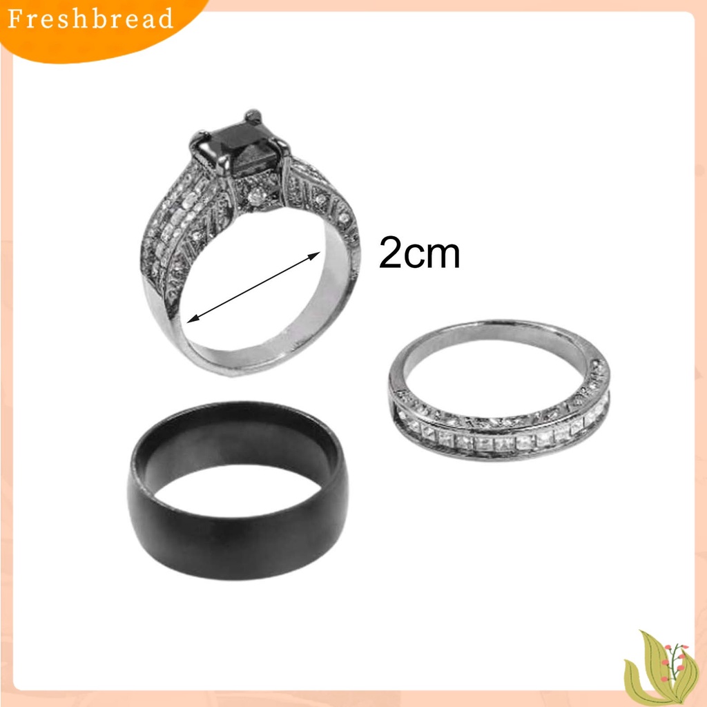 &lt; Freshbread &gt; 3Pcs/Set Cincin Pasangan Laporan Permukaan Halus Paduan Persegi Bertatahkan Cubic Zirconia Pernikahan Band Perhiasan Fashion