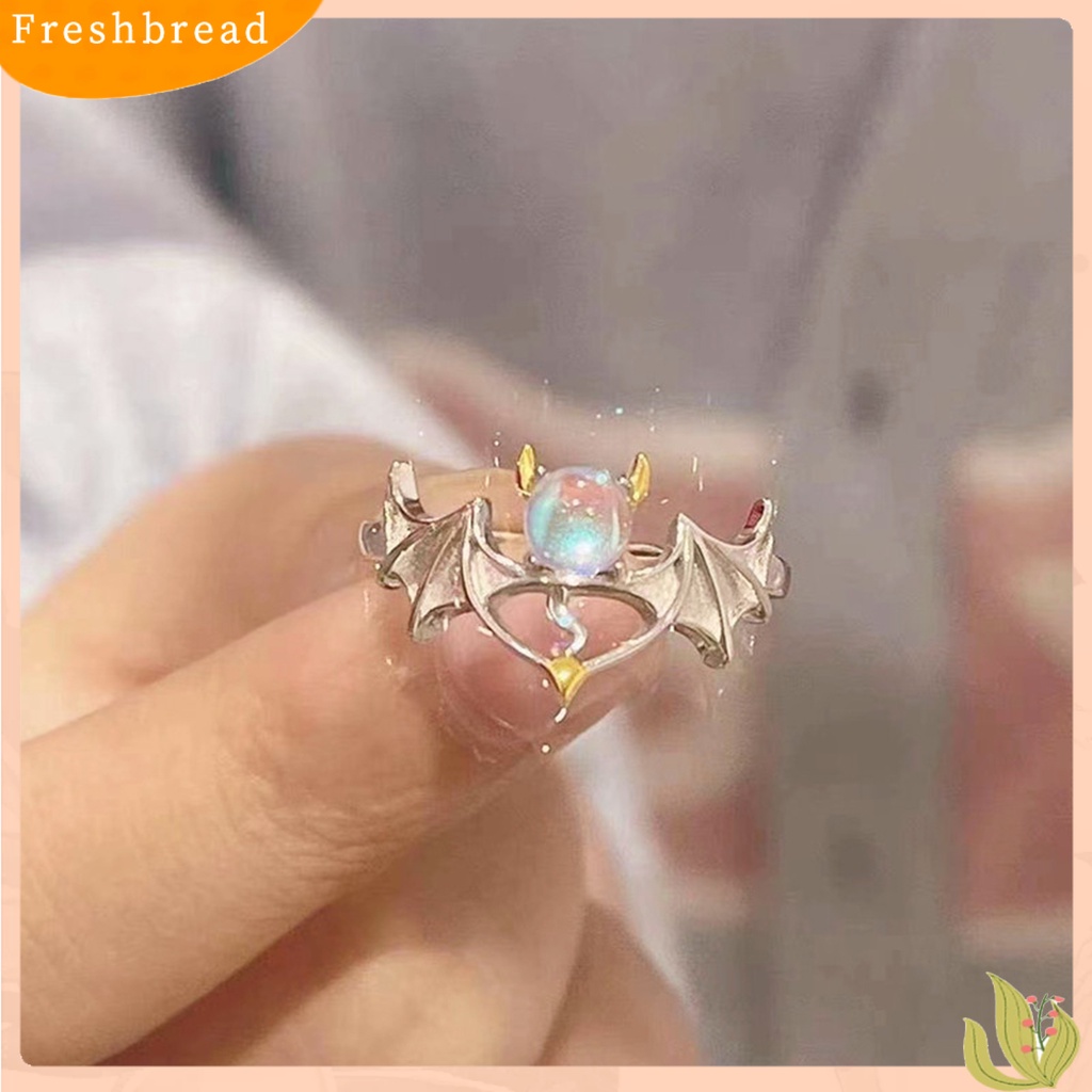 &lt; Freshbread &gt; Wanita Cincin Romantis Bersinar Faux Moonstone Desain Pembukaan Yang Dapat Disesuaikan Hadiah Hias Sayap Setan Malaikat Jari Cincin Perhiasan Pesta Untuk Kekasih