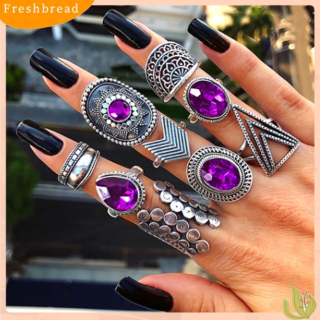 &lt; Freshbread &gt; 9Pcs/set Water Drop Stackable Knuckle Rings Alloy Bohemia Ungu Permata Imitasi Jari Rings Perhiasan Aksesori