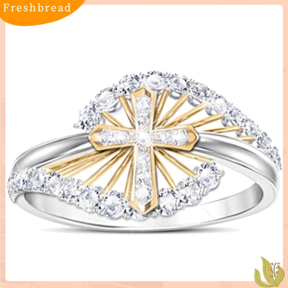 < Freshbread > Wanita Dual Tone Berlian Imitasi Bertatahkan Silang Jari Cincin Perhiasan Pertunangan Pernikahan
