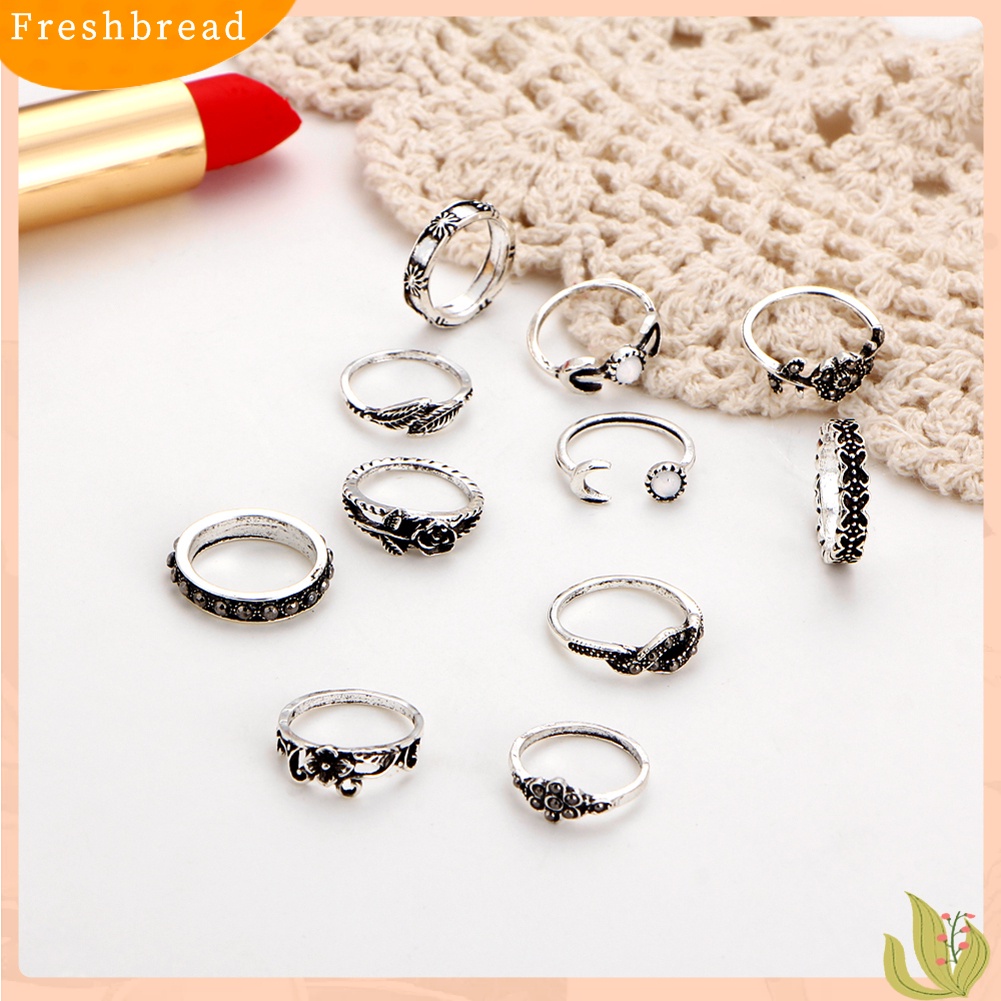 &lt; Freshbread &gt; 11pcs Wanita Retro Daun Mawar Ukir Buku Jari Cincin Alloy Ring Set Perhiasan