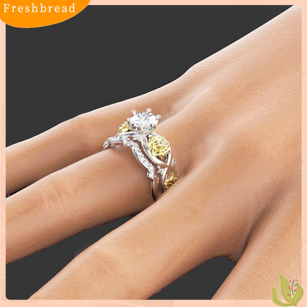 &lt; Freshbread &gt; 2Pcs Cincin Wanita Desain Bunga Dapat Disesuaikan Berlapis Emas Geometris Berkilau Dua Warna Cubic Zirconia Hias Pernikahan Pertunangan Rings Perhiasan Hadiah Untuk Pacar